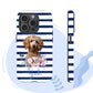 Personalized iPhone tough case with a pet portrait and floral design, featuring name "Yuki" on a striped background.