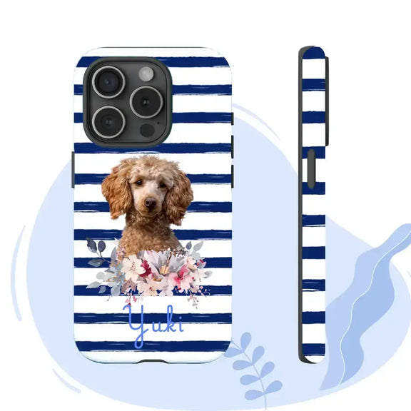 Personalized iPhone tough case with a pet portrait and floral design, featuring name "Yuki" on a striped background.