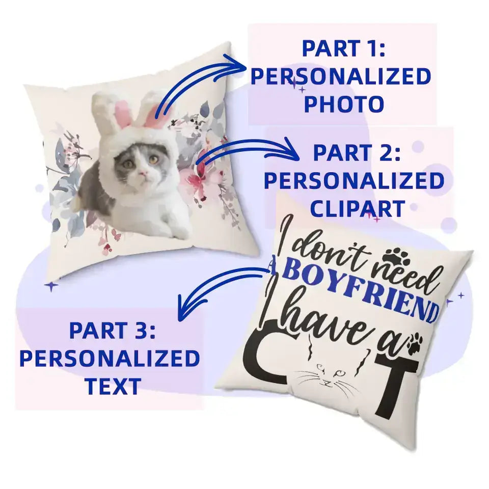 Custom funny cat pillow with personalized photo, clipart, and text "I don't need a boyfriend, I have a cat." Perfect gift for cat lovers.