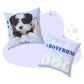 Personalized funny dog pillow with a black and white puppy photo and "I don't need a boyfriend, I have a dog" quote.