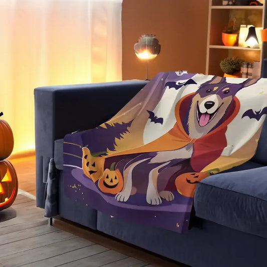 Cozy Halloween themed Sherpa fleece blanket with dog print and pumpkins, draped over a sofa. Perfect for autumn warmth.