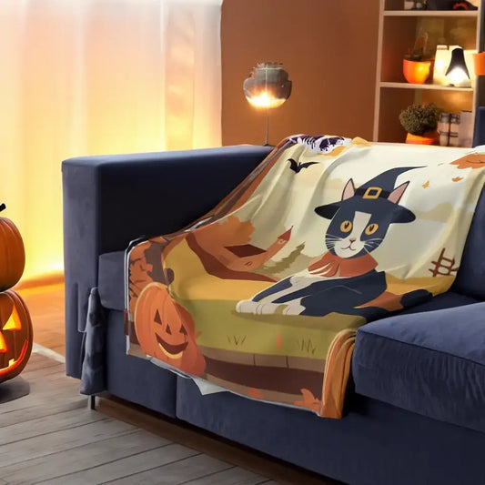 Personalized Halloween cat throw blanket draped over a blue sofa, featuring a witch cat design, perfect for cat lovers.