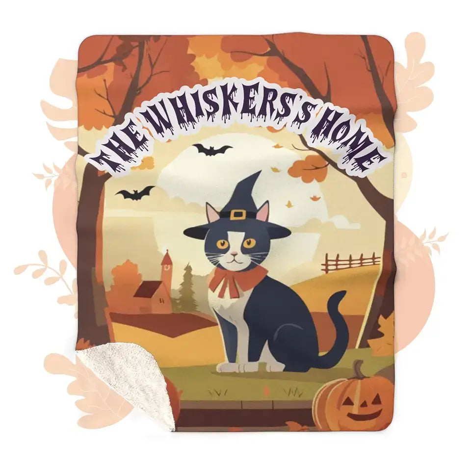 Personalized Halloween cat blanket with witch hat design and autumn theme for cat lovers.