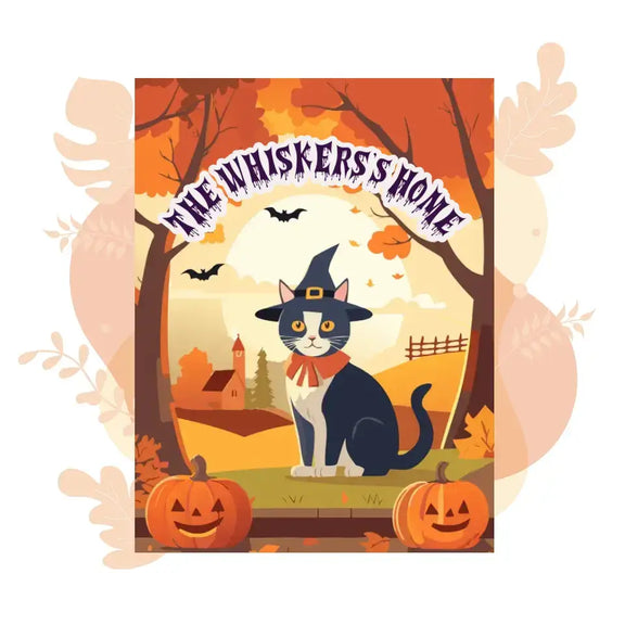 Halloween-themed poster featuring a whimsical cat in a witch hat with pumpkins, bats, and fall scenery, text reads "The Whisker's Home".