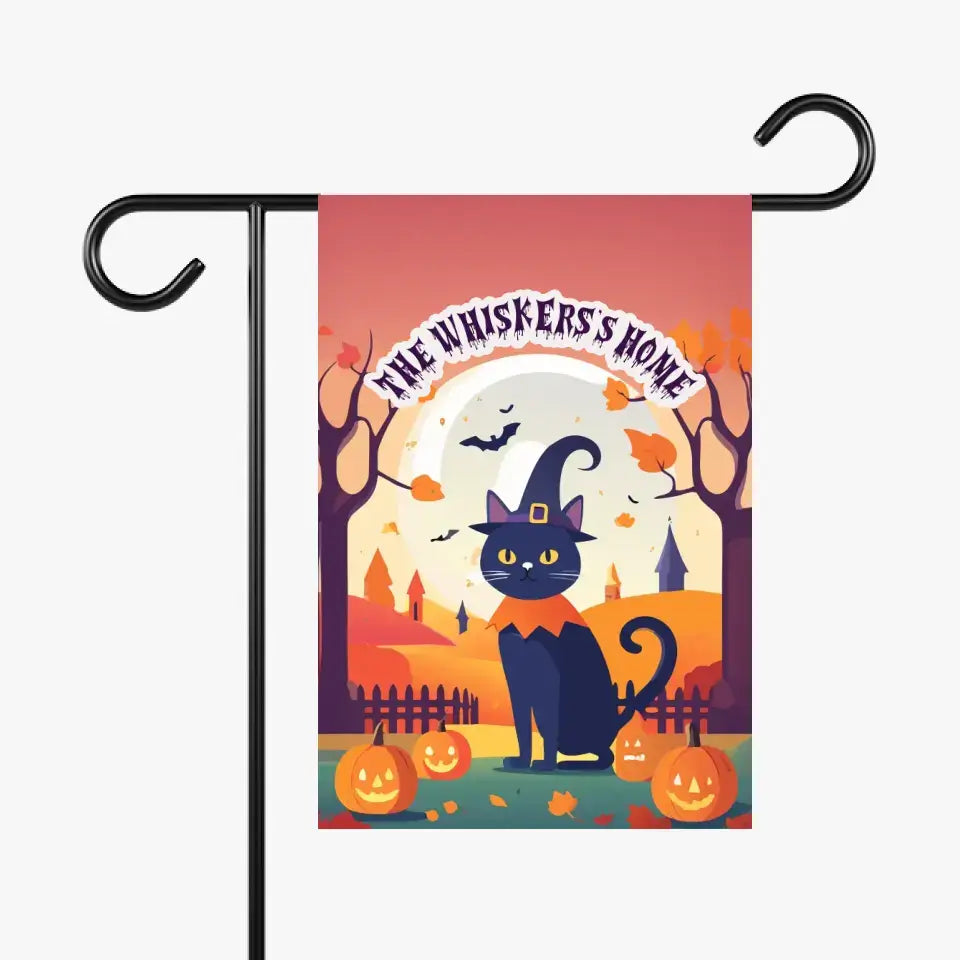 Personalized Halloween cat garden flag with spooky black cat, pumpkins, and full moon scene, perfect for festive outdoor decor.