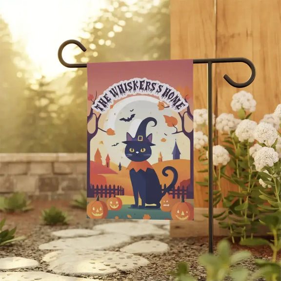 Personalized Halloween cat-themed garden flag featuring a whimsical black cat design with pumpkin accents in a vibrant outdoor setting.