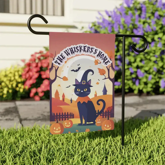 Personalized Halloween cat-themed garden flag with witch hat cat and pumpkins, perfect for outdoor festive decor.