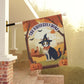 Personalized Halloween cat-themed garden flag with witch hat design, pumpkins, and autumn background, perfect for outdoor decoration.