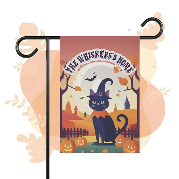 Personalized Halloween cat-themed garden flag with witch cat design, pumpkins, and festive scenery.