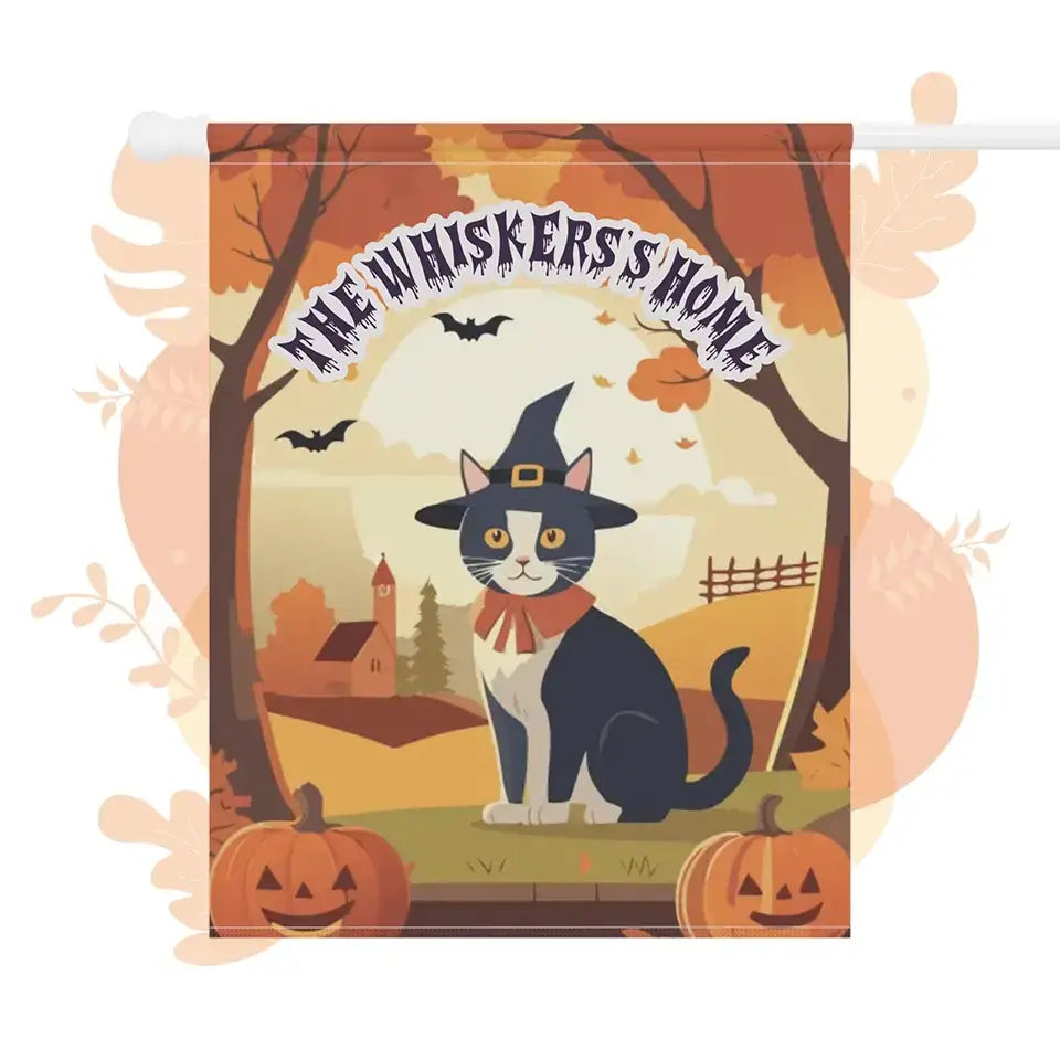 Personalized Halloween cat-themed garden flag with witch cat design, pumpkins, and "The Whiskers' Home" text, perfect for festive outdoor decor.