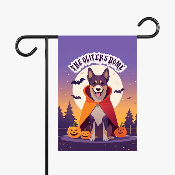 Personalized Halloween garden banner featuring a dog in costume with pumpkins and bats, perfect for dog lovers' spooky decorations.