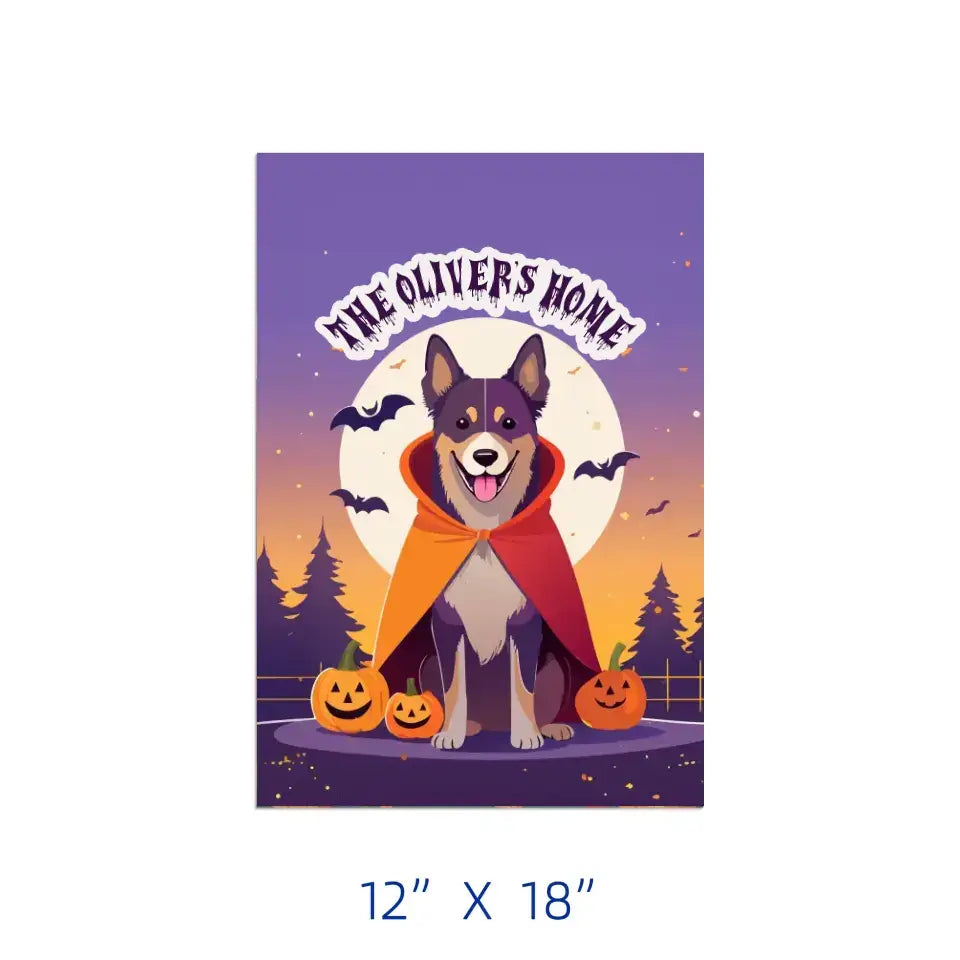 Personalized Halloween dog-themed garden banner with spooky landscape, pumpkins, and a dog in a vampire cape, 12" x 18".