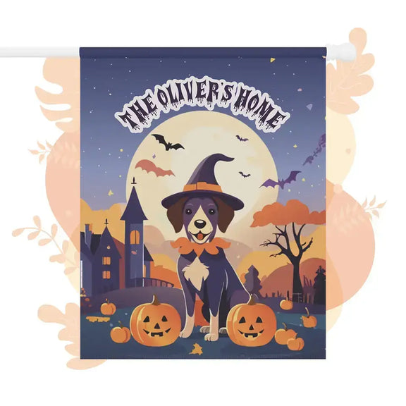 Personalized Halloween dog-themed garden banner with a witch dog and pumpkins under a moonlit sky.