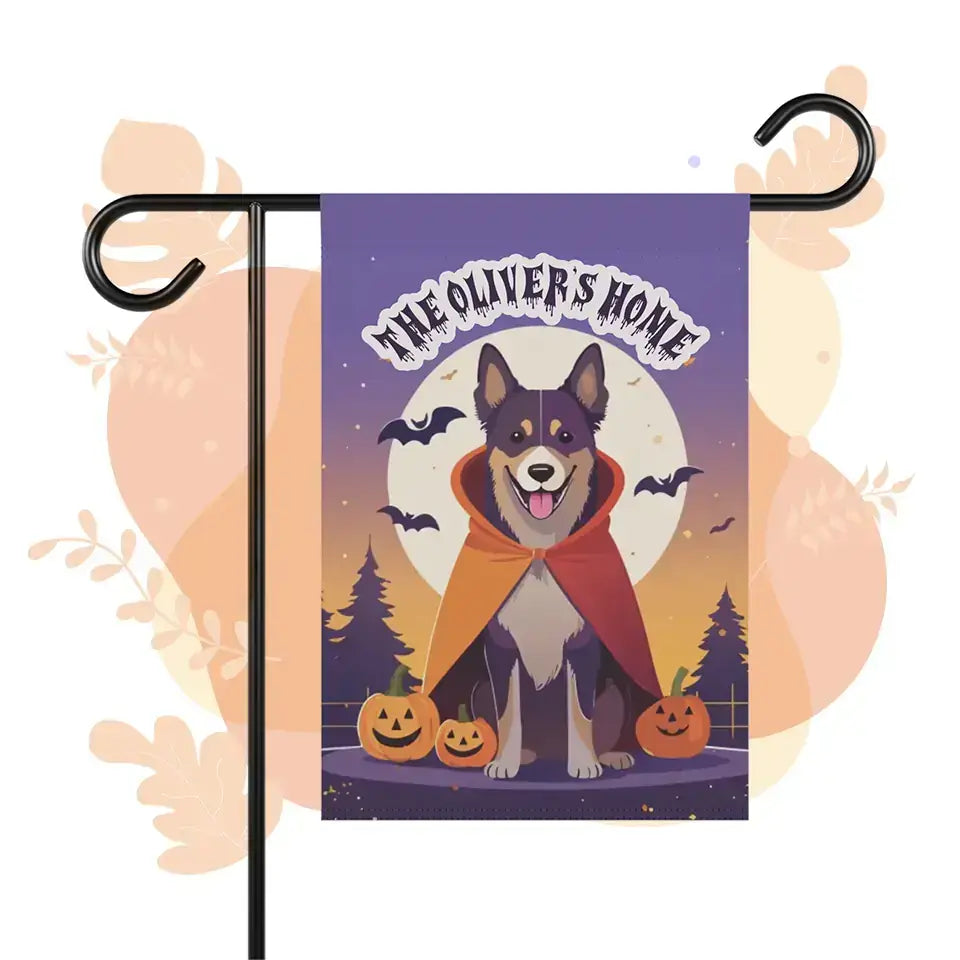 Personalized Halloween garden banner with dog in costume, pumpkins, and bats, customized with "The Oliver's Home."