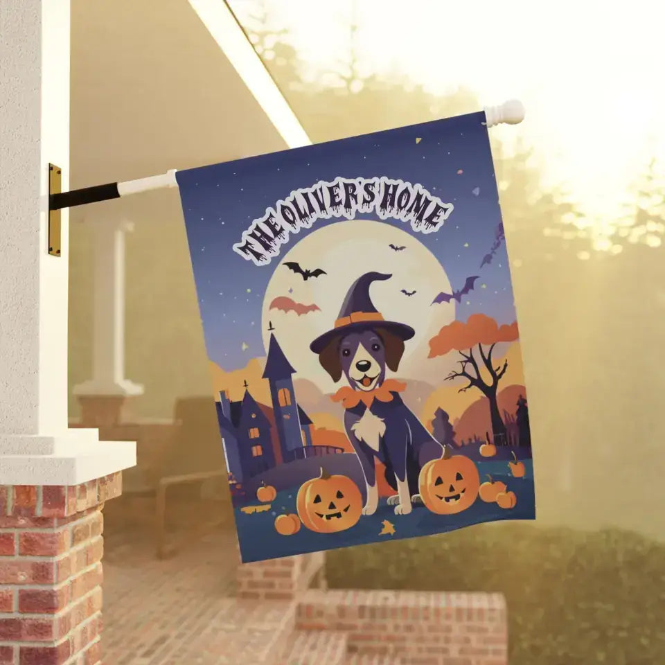 Personalized Halloween dog-themed garden banner with spooky design featuring a dog in costume and pumpkins.