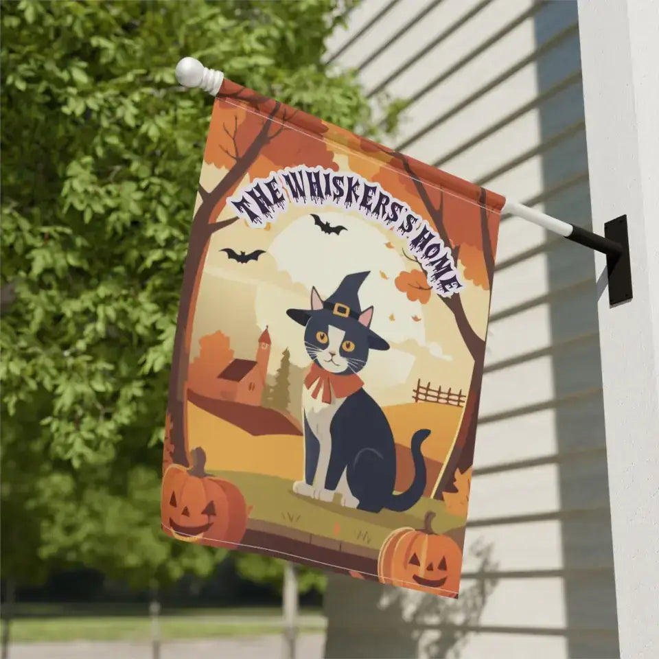 Halloween garden banner with a witch cat and pumpkins, displaying text "The Whiskers Home" against a spooky background.