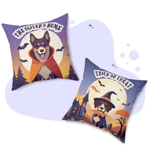 Personalized Halloween throw pillow with dog illustrations, featuring "Oliver's Home" and "Trick or Treat" designs, perfect fall decor.