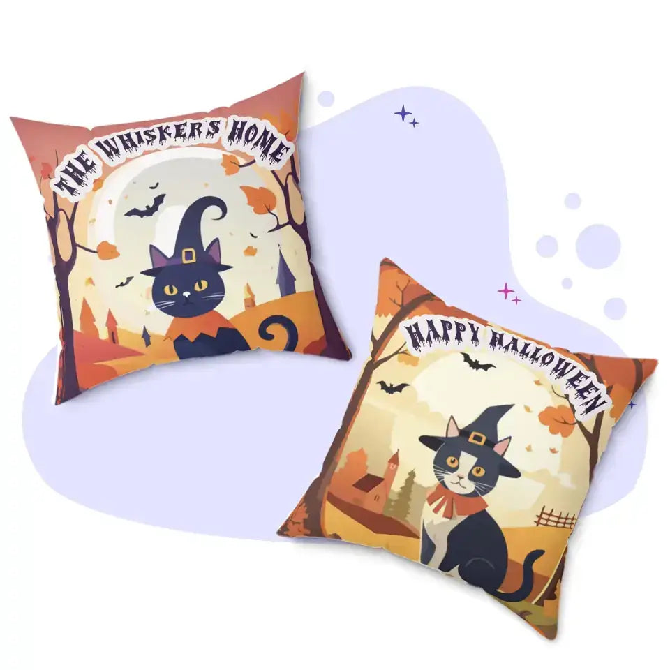 Personalized Halloween cat throw pillow with whimsical illustrations and festive sayings, perfect autumn home accent for cat lovers.