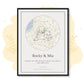 Personalized map gift featuring pet illustration with names Rocky & Mia, custom street map, and heartfelt welcome message.