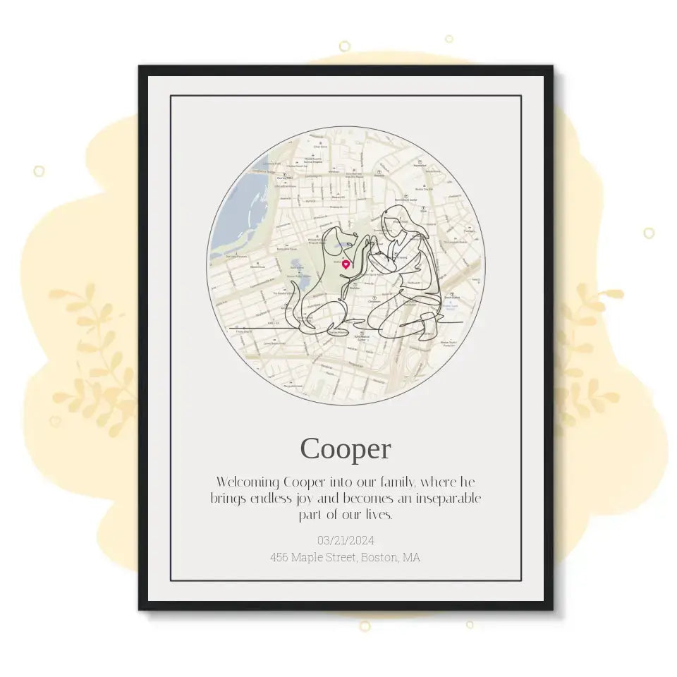 Personalized dog journey map gift for dog owners featuring a heartwarming illustration and custom location details.