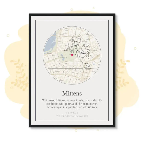 Custom cat journey map print showcasing Mittens' special locations and adventures for cat lovers.