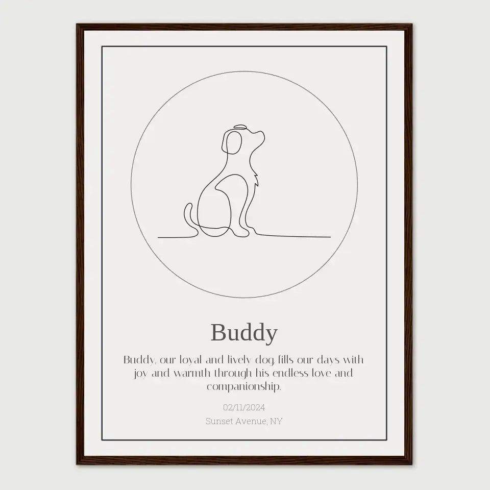 Personalized star map for dogs featuring a custom dog illustration and meaningful date on a framed print.