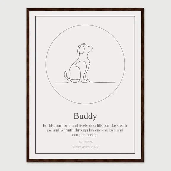 Personalized star map for dogs featuring a custom dog illustration and meaningful date on a framed print.