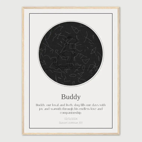 Personalized star map for dog named Buddy with constellations and special date, customized pet gift for memorable occasions.