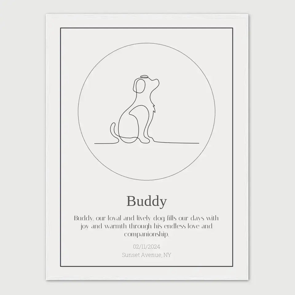 Personalized star map featuring a dog outline, with custom message and date, celebrating special moments with your pet.