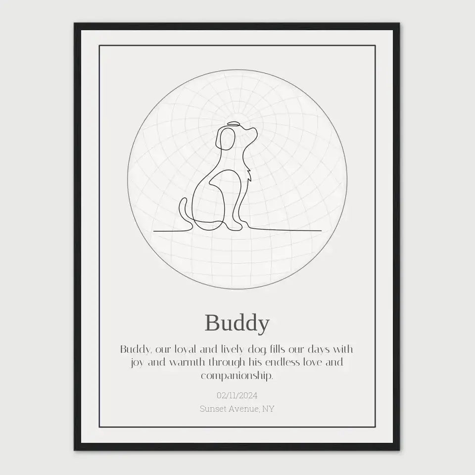 Personalized star map print featuring a dog silhouette and custom text for a special occasion.