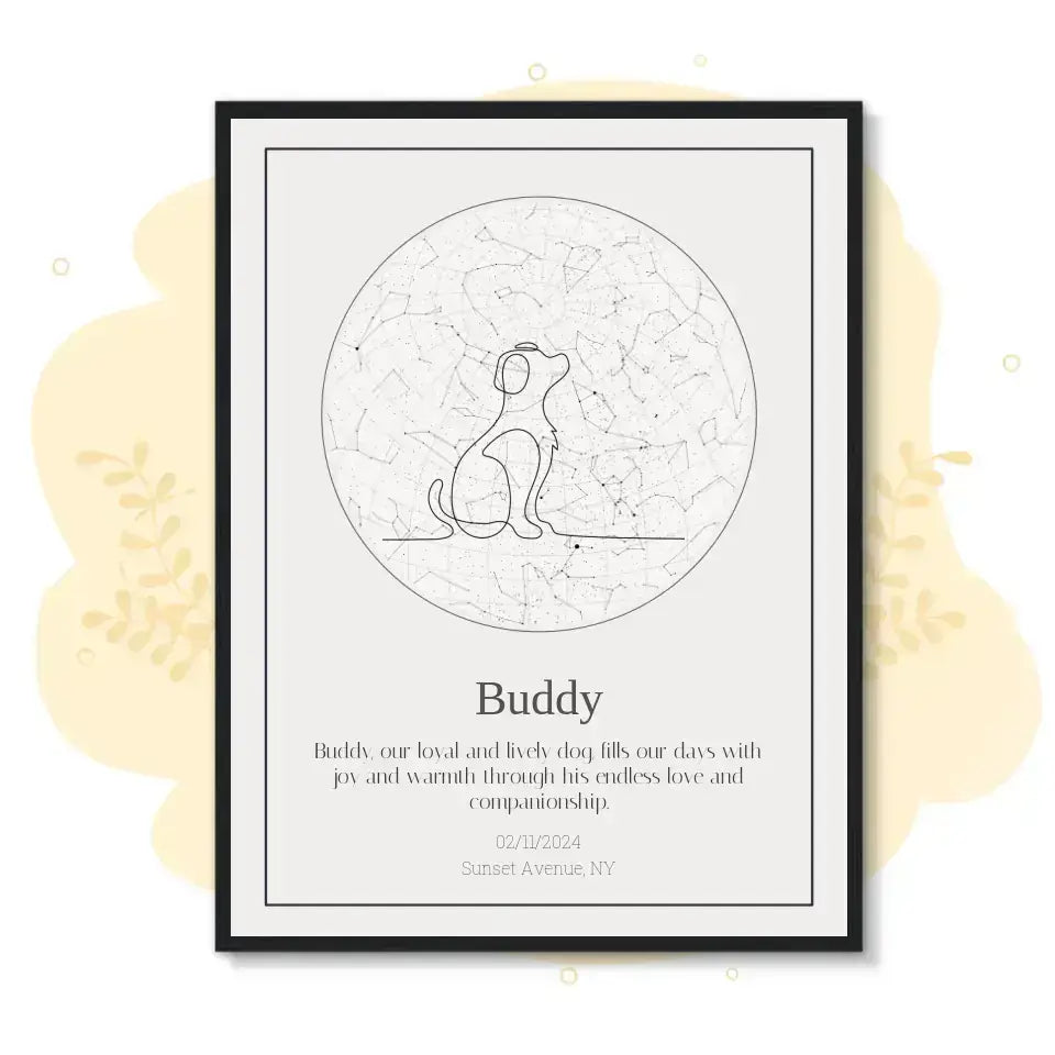 Custom star map for a dog with constellation design and personalized message, ideal for celebrating special moments with pets.