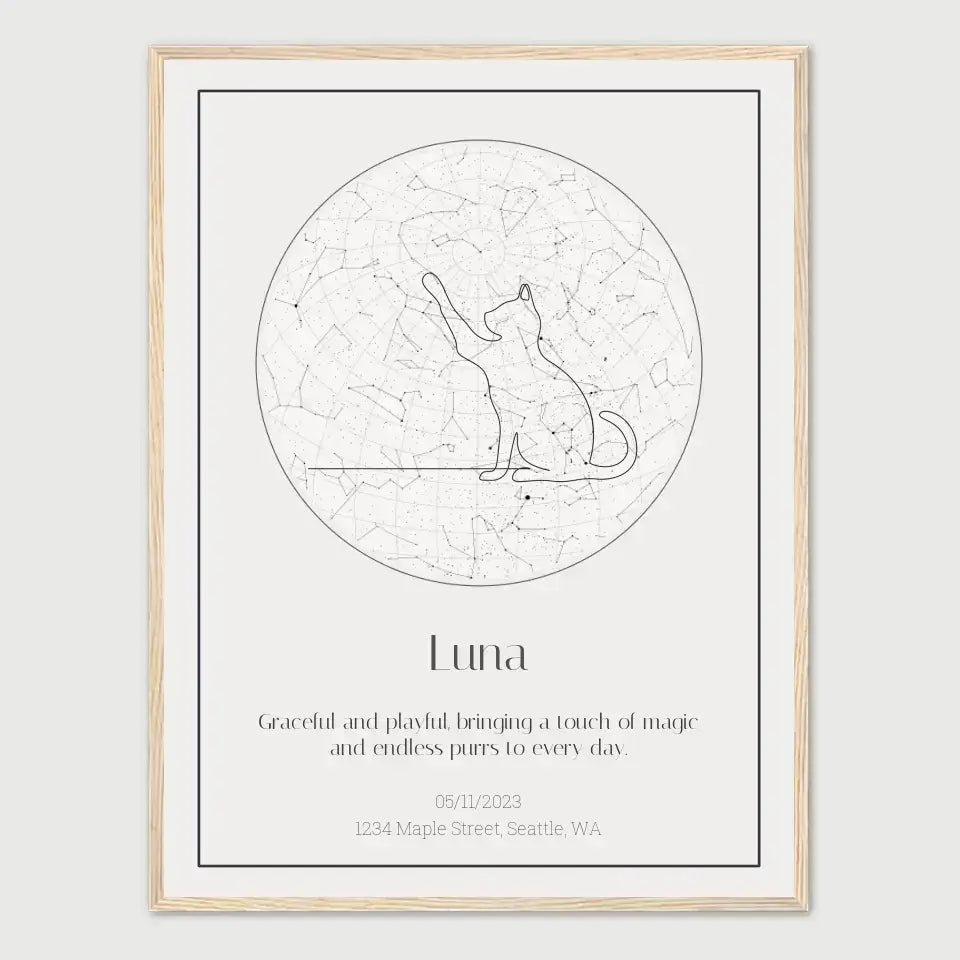 Personalized star map featuring a playful cat design, perfect for commemorating special moments with your feline friend.