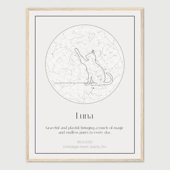 Personalized star map featuring a playful cat design, perfect for commemorating special moments with your feline friend.