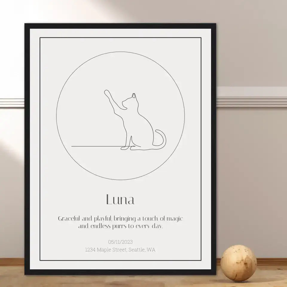 Personalized cat star map print with custom illustration and text, featuring a playful silhouette and special date.