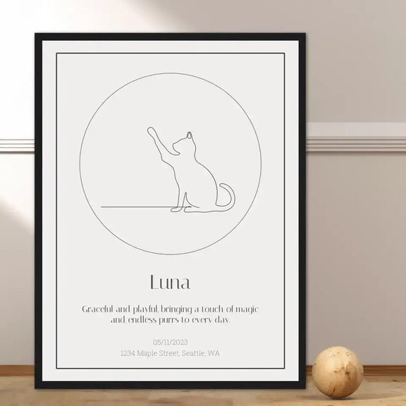 Personalized cat star map print with custom illustration and text, featuring a playful silhouette and special date.