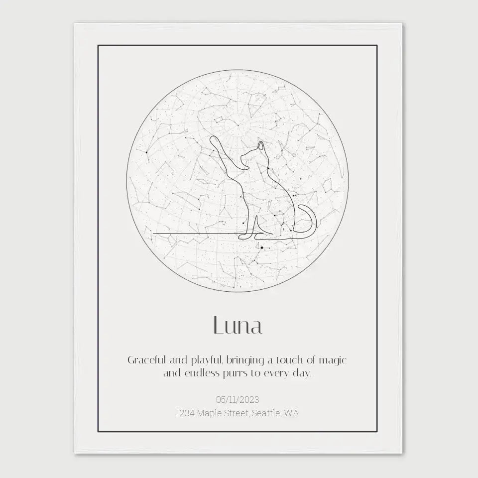 Personalized cat star map featuring a starry sky with a playful cat silhouette, perfect for commemorating special moments.