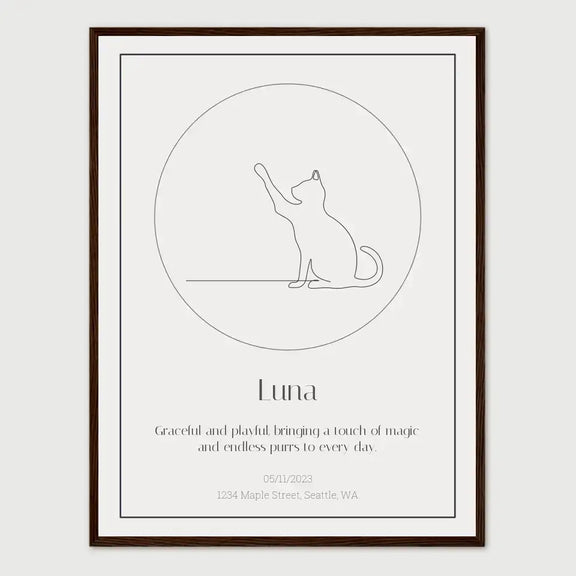 Personalized cat star map with minimalist cat illustration, featuring the name Luna and a special message for a memorable date.