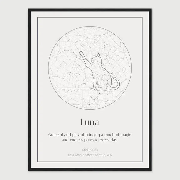 Custom star map featuring a playful cat illustration, commemorating special moments with your pet.