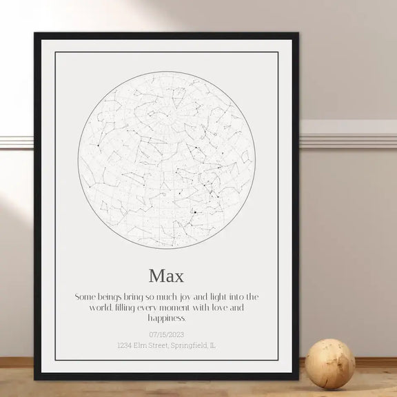 Personalized dog loss star map artwork with a starry night design, honoring beloved pet Max with a heartfelt message and date.