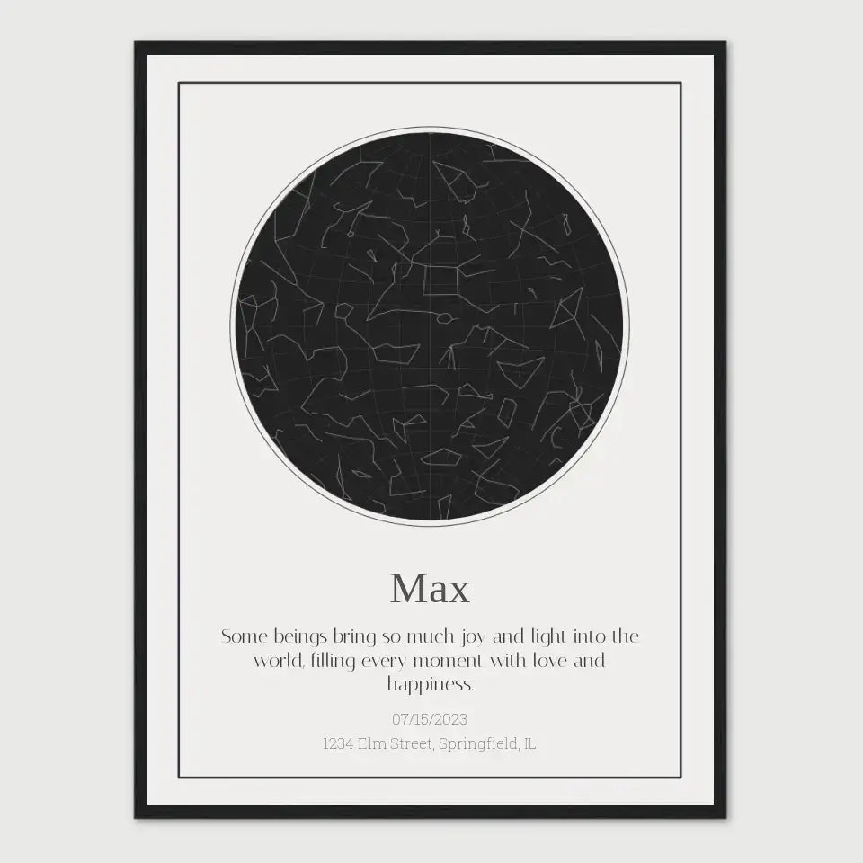 Personalized Dog Loss Star Map featuring night sky for pet named Max, commemorating a dog's memory with custom artwork.