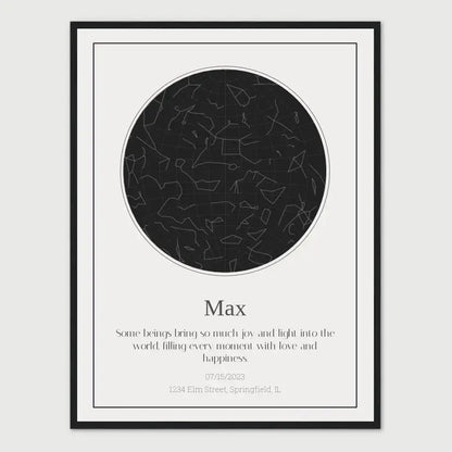 Personalized Dog Loss Star Map featuring night sky for pet named Max, commemorating a dog's memory with custom artwork.