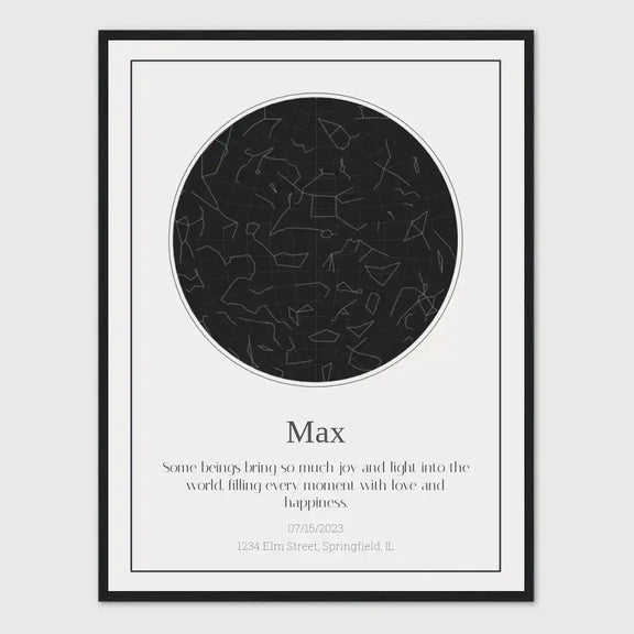 Personalized Dog Loss Star Map featuring night sky for pet named Max, commemorating a dog's memory with custom artwork.