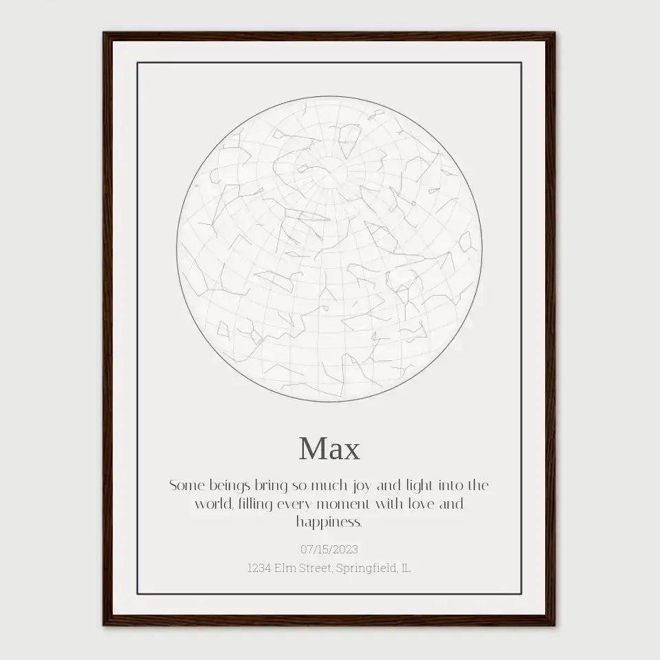 Personalized dog loss star map with name Max, featuring a celestial design and a heartfelt message.