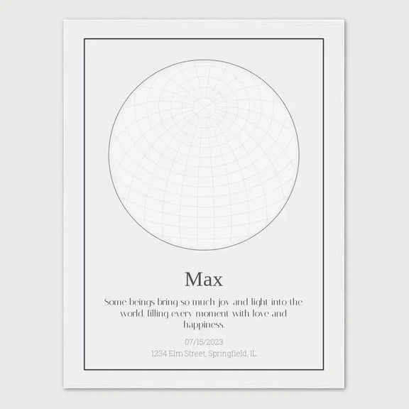 Personalized dog loss star map with dog's name Max and a heartfelt message, capturing the night sky for remembrance.