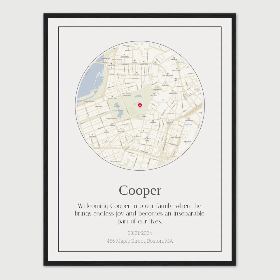 Personalized dog journey map gift featuring a map circle and description for Cooper, celebrating a special place and date.