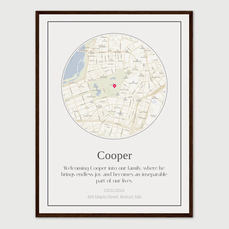 Personalized dog journey map gift featuring a custom location for a dog named Cooper, perfect for dog moms and dads.