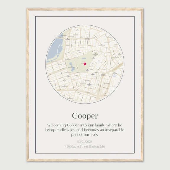 Personalized dog journey map gift featuring a custom map with a dog's name, heartwarming message, and location coordinates.