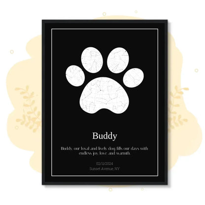 Custom paw print star map memorial for pet named Buddy, with date and personal message in elegant frame design.