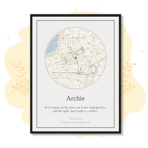 Custom cat memorial map print featuring a personalized location with cat illustration and tribute text for cherished feline companion.