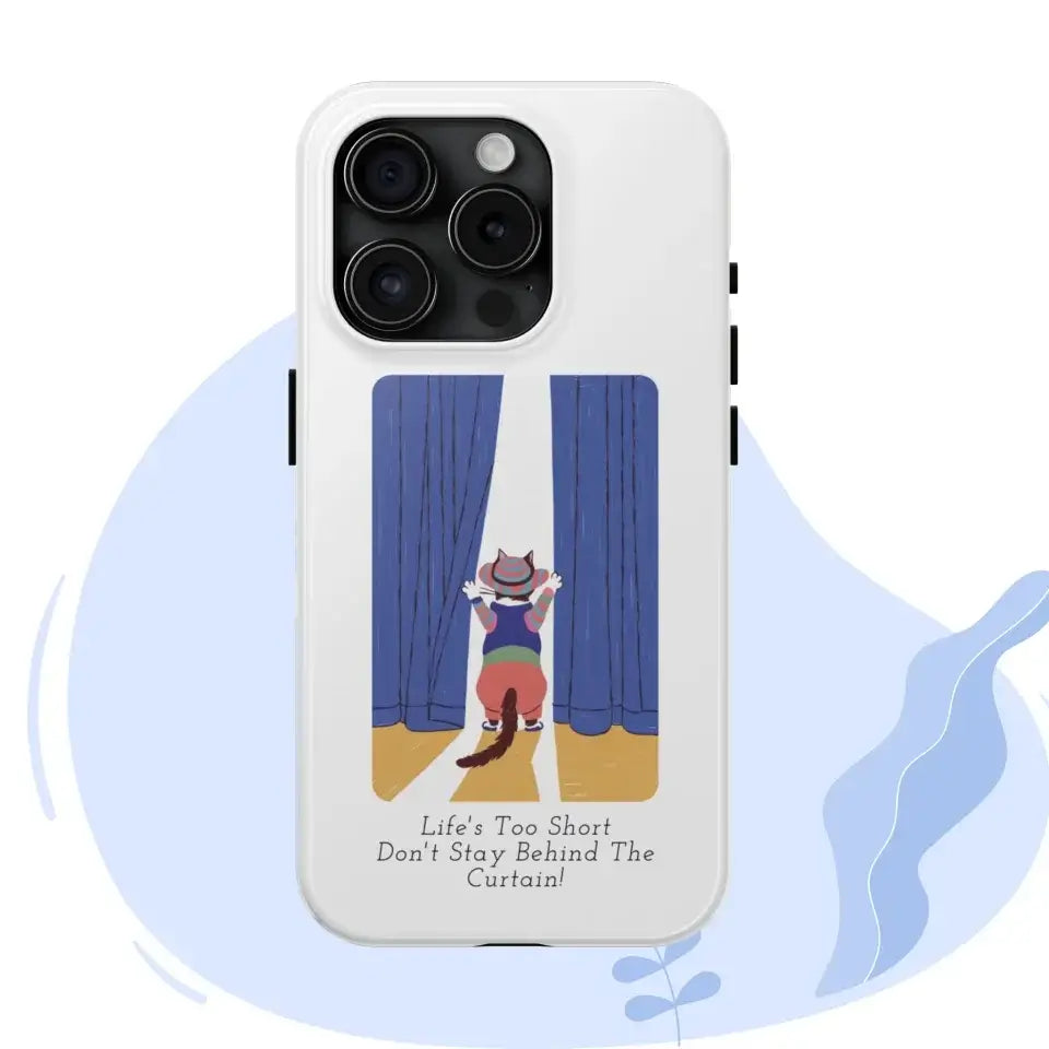 Personalized curious cat iPhone case with cat peeking behind blue curtain, exploring the unknown.